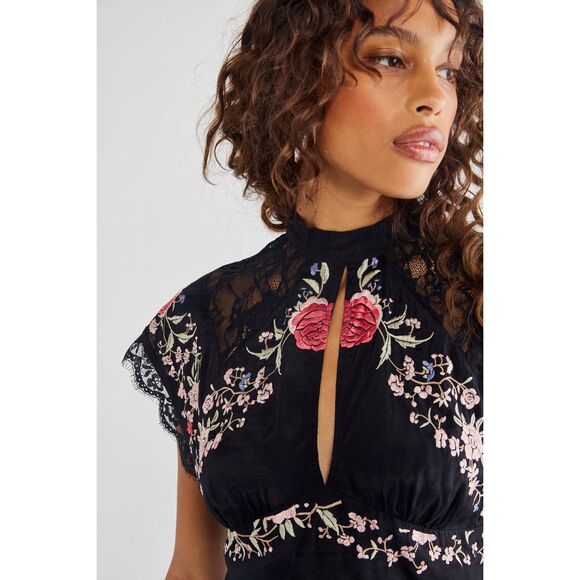 FREE PEOPLE CHIARA EMBROIDERED TOP black floral large C - Picture 5 of 9